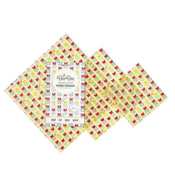 Beebee Wraps...náttúrulegar matvælaumbúðir úr býflugnavaxi... Túlipanamynstur - 3 stærðir í pakka ( lítil, miðstærð og stór) eru ný vara